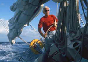 Jim Kilroy aboard Kialoa III in the Miami to Monetgo Bay race 1975, Photo by Dick Enersen.