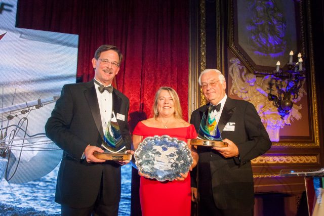 Dawn Riley receives the American and the Sea Award from Mystic Seaport Museum in New York City, October 3, 2018. Pictured (left to right): Museum president Steve White, Dawn Riley, Museum board chairman Barclay Collins. Photo credit: Mystic Seaport Museum