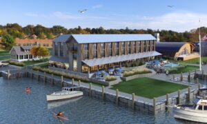 The architect's rendering of the proposed Delamar Mystic Hotel's north side as seen from the river. (Credit: Beinfield Architects)