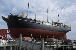 The Charles W. Morgan on the Museum's shiplift awaiting her July 21, 2013 launch.