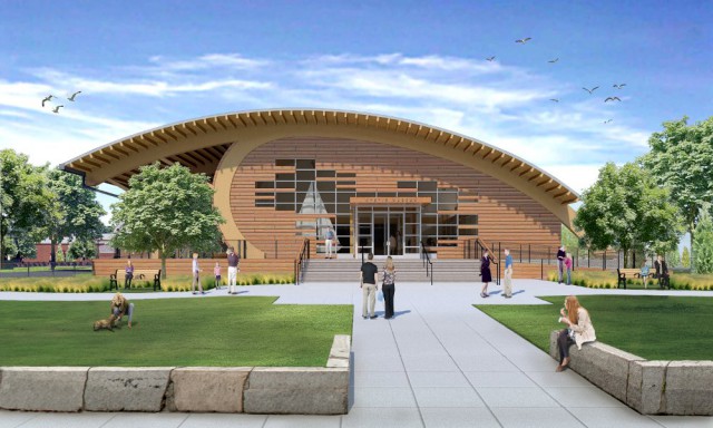 The proposed design of the 14,000 square-foot exhibit hall celebrates the craftsmanship of wooden ships. Image courtesy of Centerbrook Architects and Planners/Kent+Frost Landscape Architecture